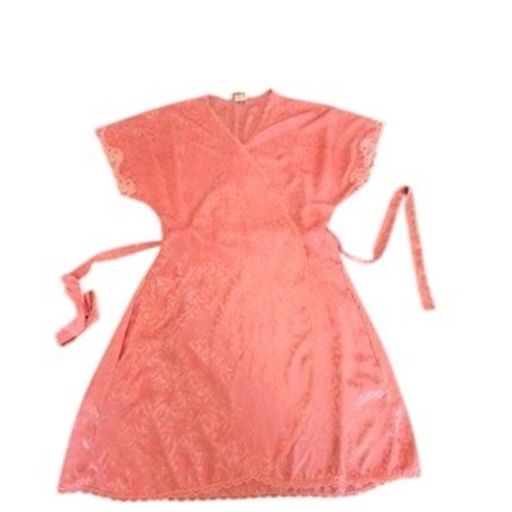 Barbizon‎ Vintage Coral Pink/Peach Floral Jacquard Lace Robe Short Sleeve USA